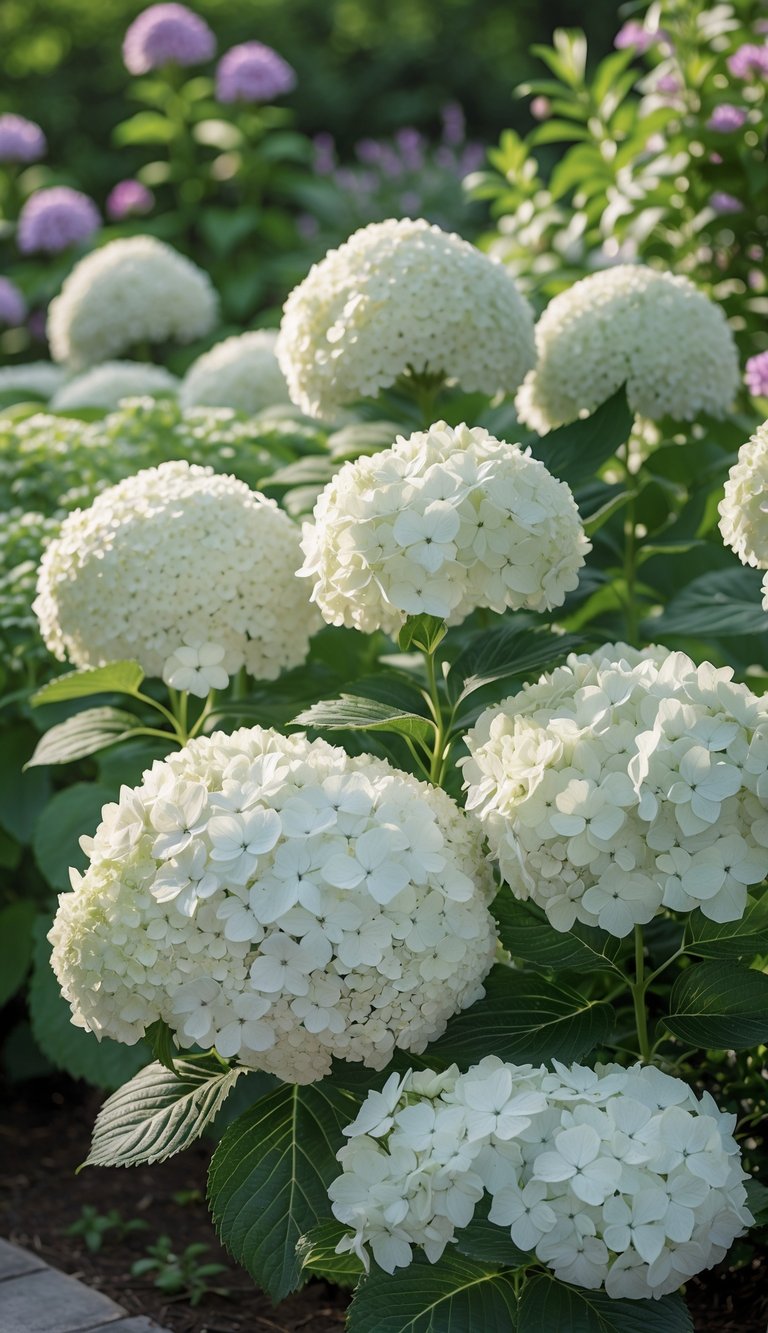 A garden filled with large white hydrangea flower clusters surrounded by green leaves and other plants.