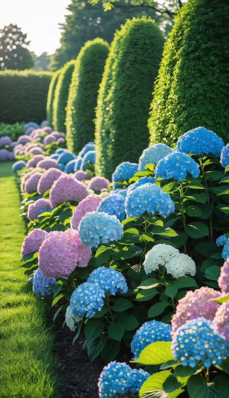 A garden with tall, densely planted hydrangea bushes in full bloom along a border, displaying large clusters of pink, blue, and white flowers.