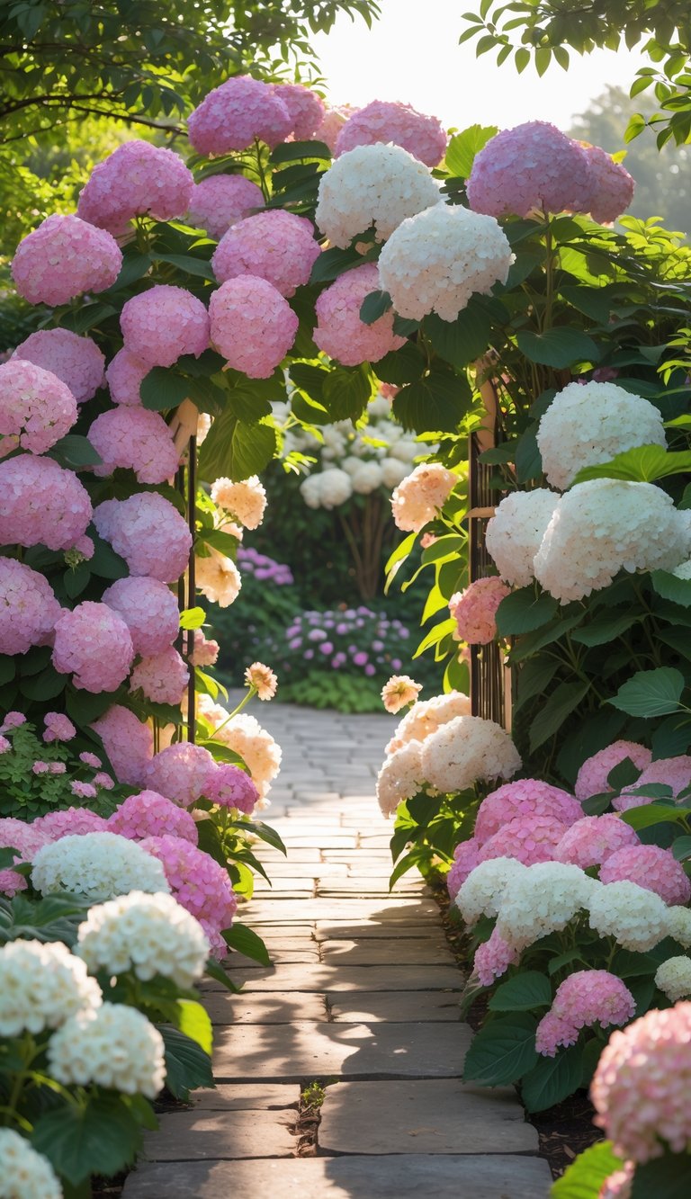 A garden entryway framed by blooming pink and white hydrangea bushes along a stone path.