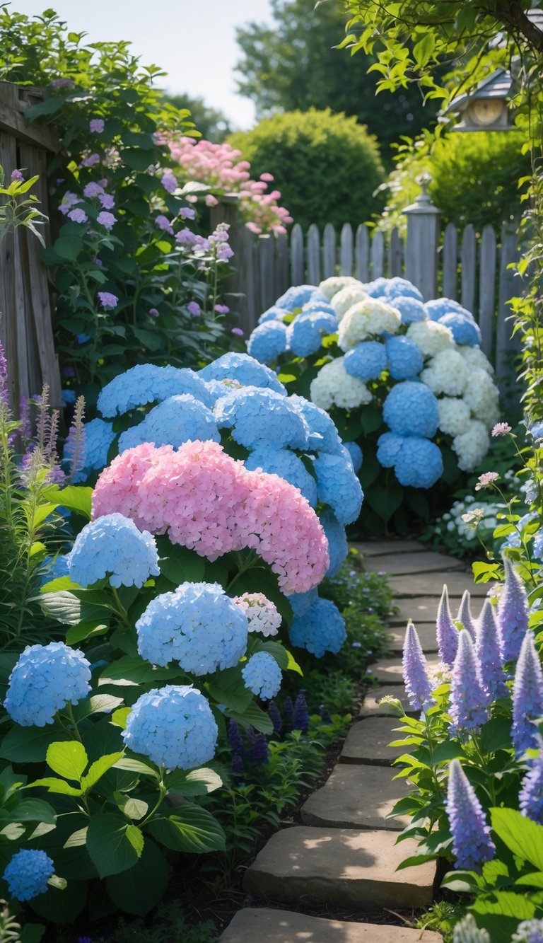 A vibrant cottage garden with large blooming hydrangea bushes in blue, pink, and white, surrounded by other colorful flowers and a stone pathway.