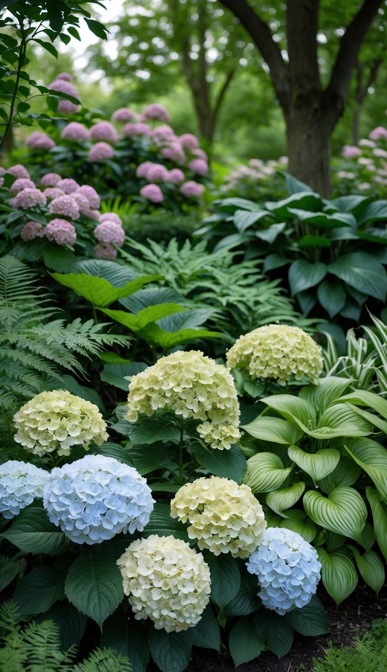 A shaded garden with blooming hydrangeas surrounded by green ferns and hosta plants.