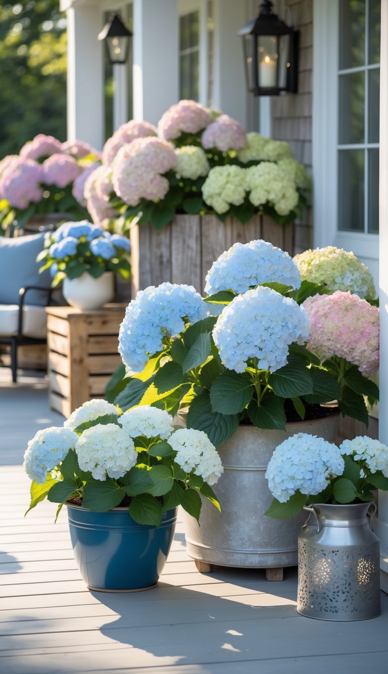 A patio with various containers holding blooming hydrangeas in pink, blue, and white, surrounded by outdoor furniture and garden decor.