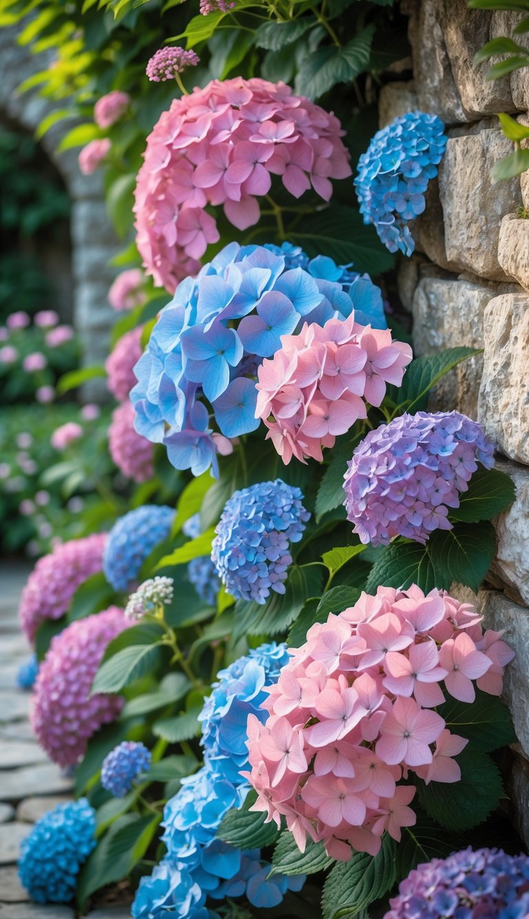 A garden scene with colorful hydrangea flowers cascading over stone walls surrounded by green plants.