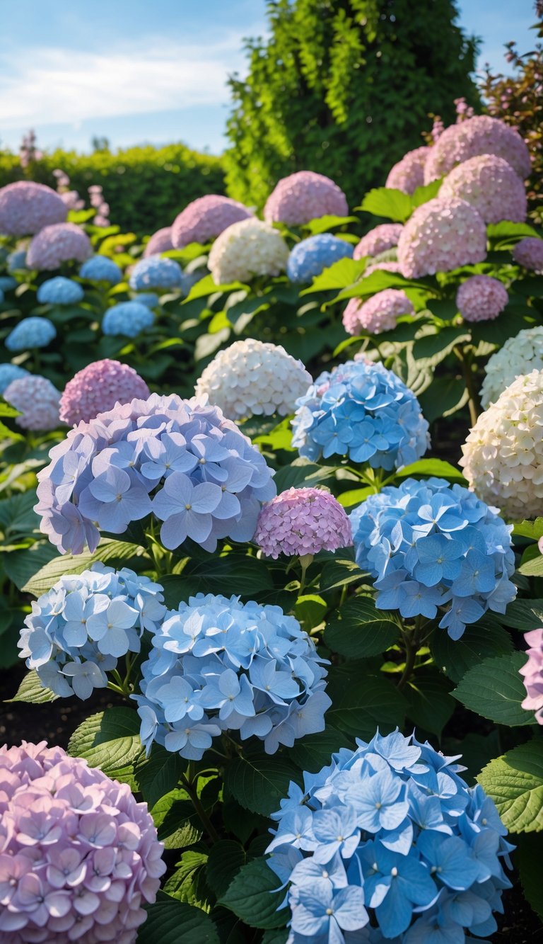 A garden filled with blooming smooth hydrangea plants with large clusters of pink, blue, and white flowers surrounded by green leaves under a clear sky.