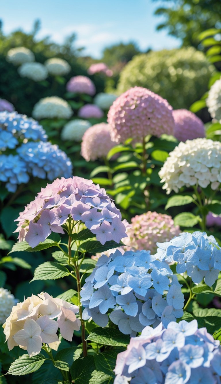 A vibrant garden filled with blooming lacecap hydrangeas in shades of pink, blue, and white surrounded by green foliage.