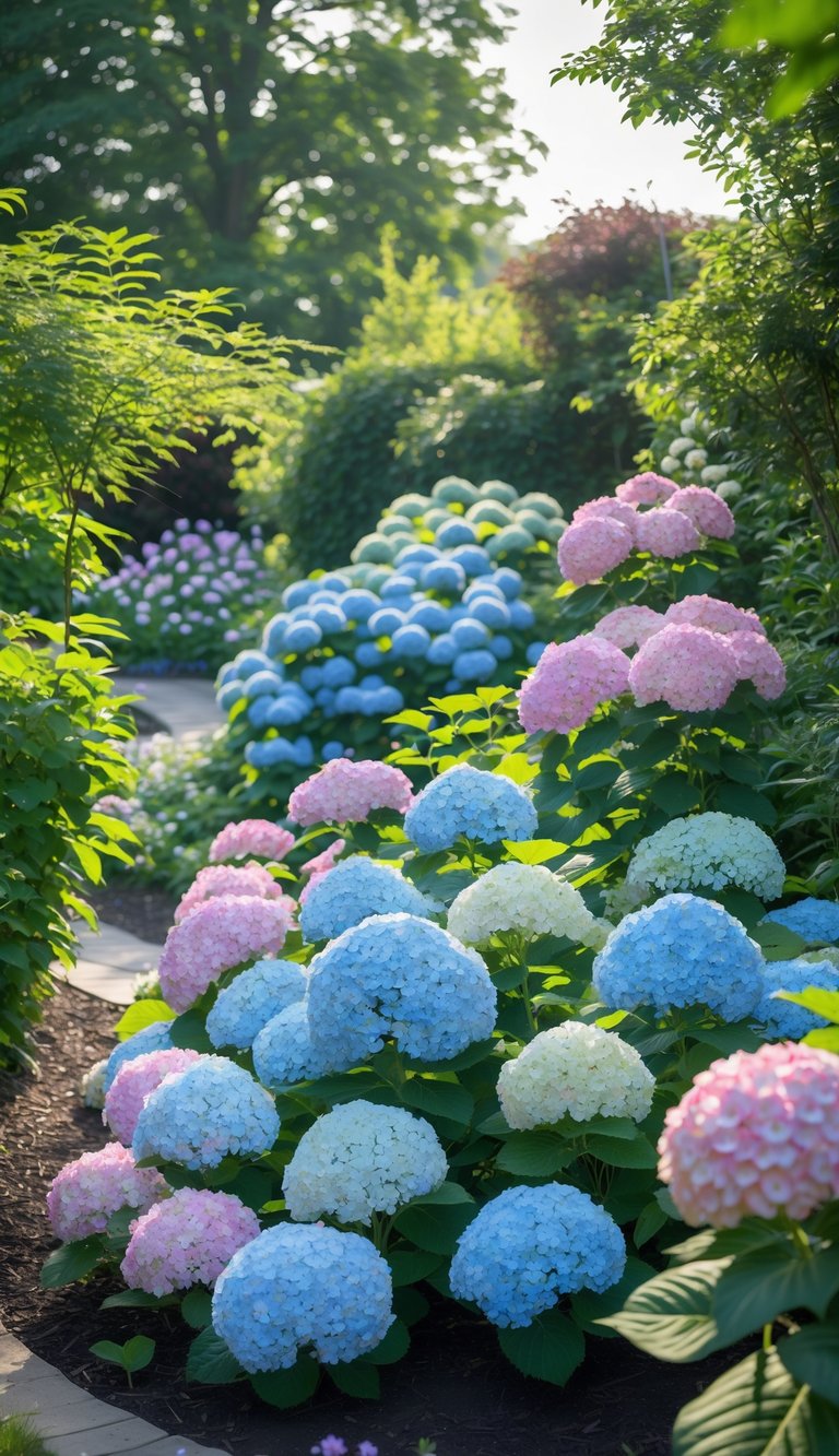 A garden with clusters of colorful mophead hydrangeas blooming under dappled sunlight in partial to full sun areas.