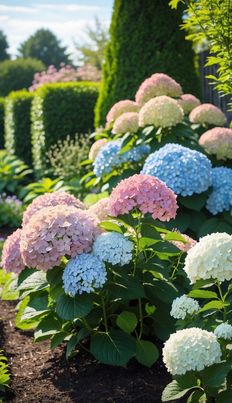 A garden with large, colorful hydrangea bushes in full bloom surrounded by green foliage.