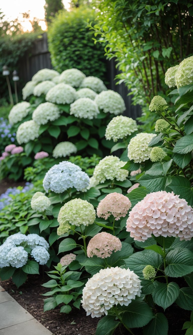 A garden with native oakleaf hydrangea plants featuring large white and pink flower clusters surrounded by green oakleaf-shaped leaves.
