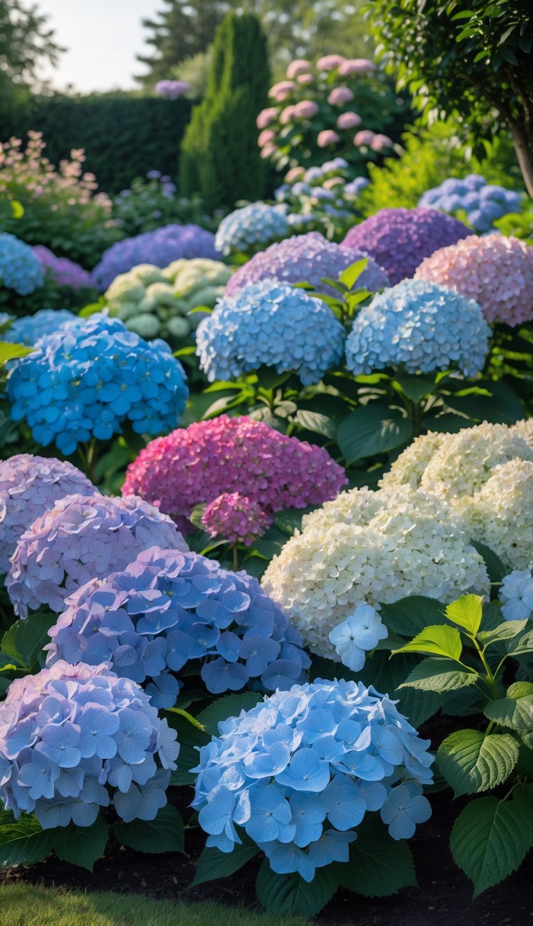 A garden filled with dense clusters of colorful blooming hydrangeas in blue, pink, purple, and white.