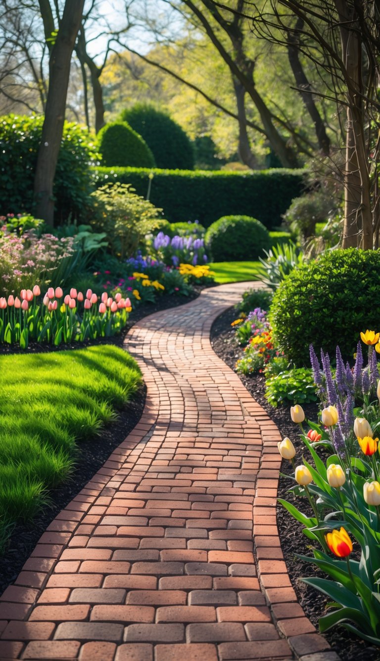 A brick pathway winding through a garden with green grass and colorful flowers on either side.