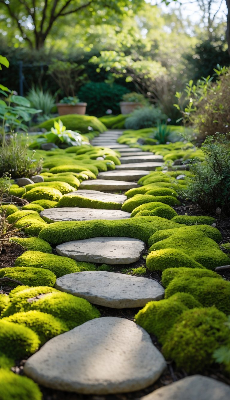 A stepping stone path winding through green moss and garden plants under dappled sunlight.