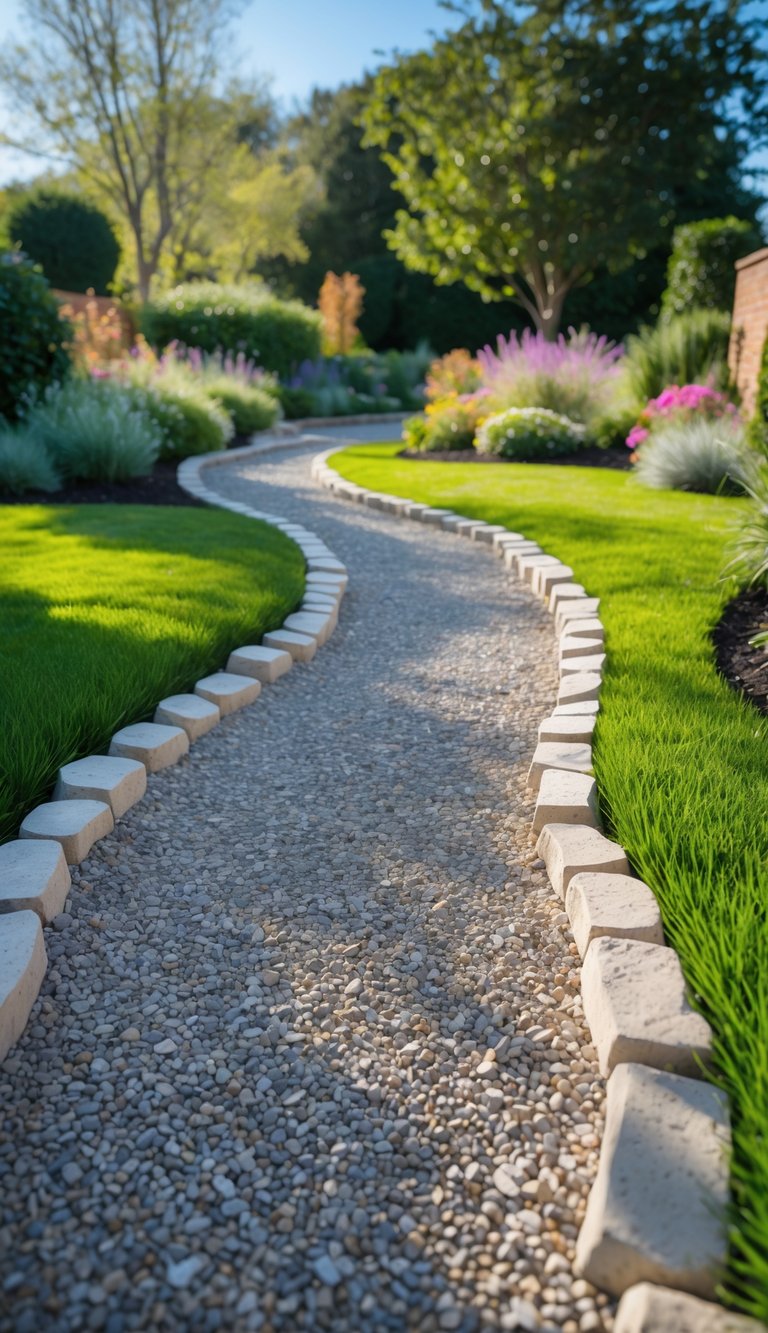 A curved gravel garden path bordered by edging stones surrounded by grass, flowers, and trees under a clear sky.