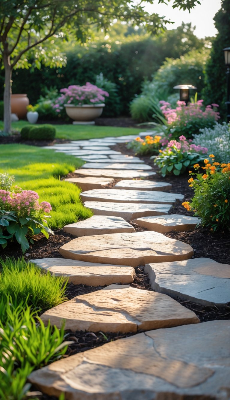 A flagstone walkway winding through a green garden with flowers and shrubs on either side.