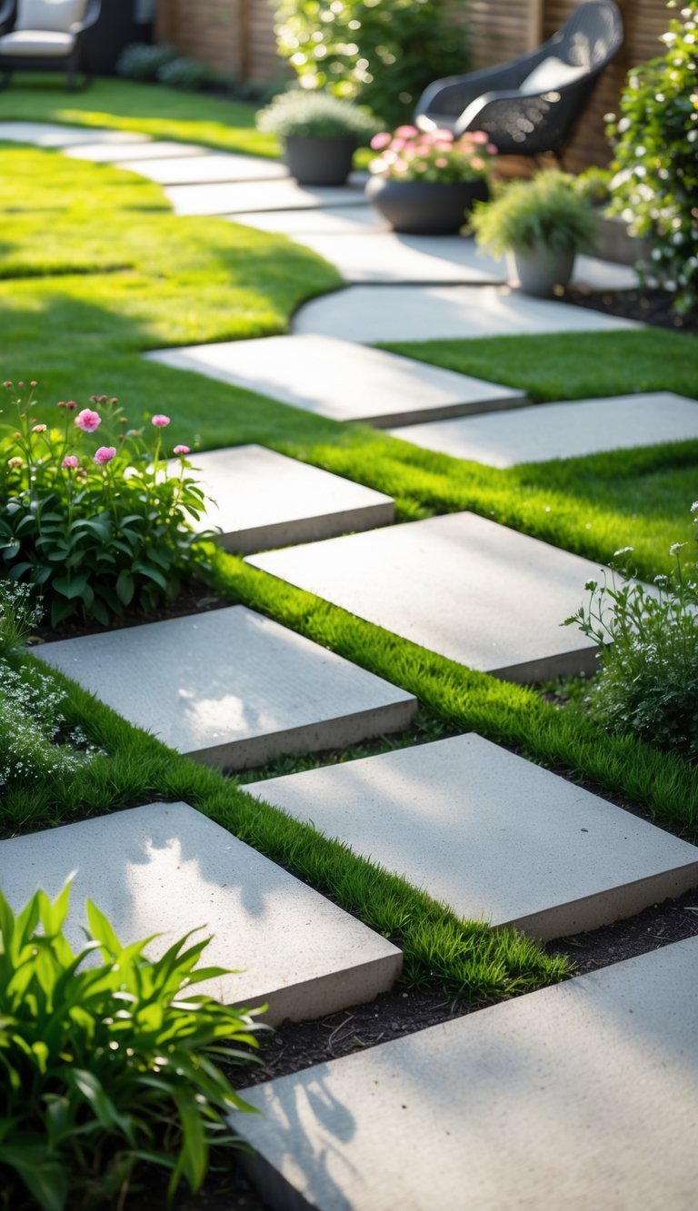 A garden path made of large concrete slabs with grass growing between them, surrounded by plants and a lawn.