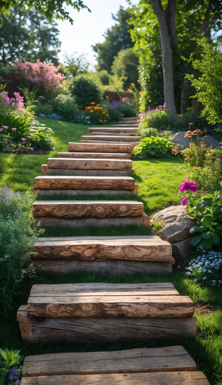 A garden path with rustic wooden log steps surrounded by green grass and colorful plants.