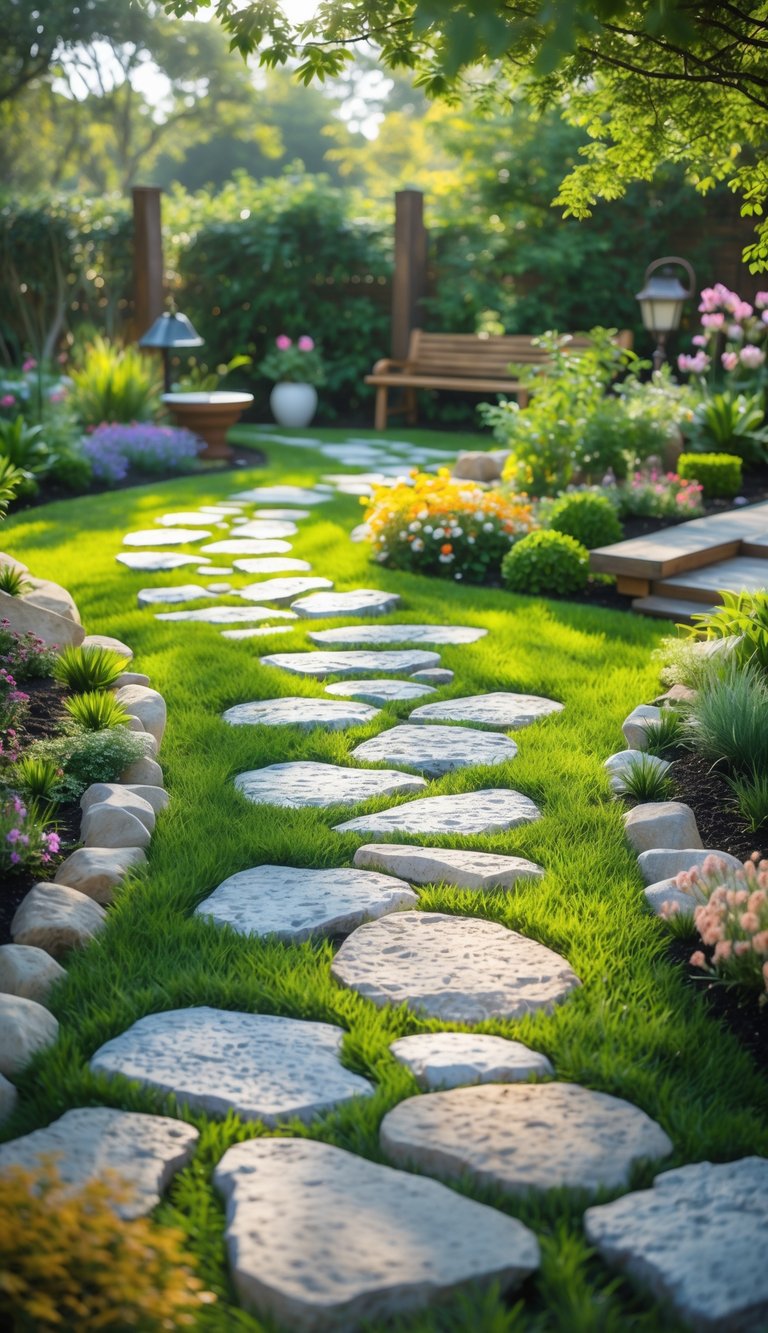 A circular stone path surrounded by green grass and colorful flowers in a garden.