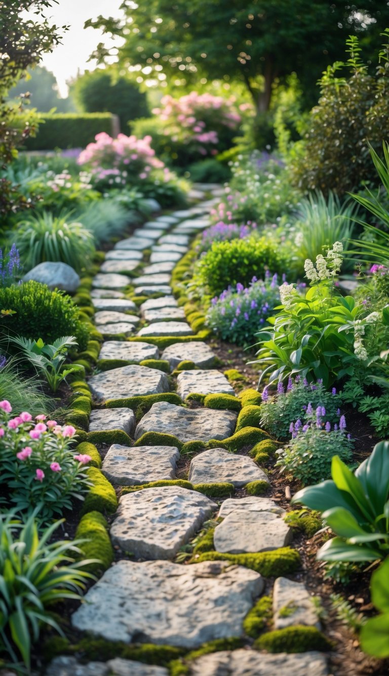 A winding cobblestone pathway surrounded by green plants and colorful flowers in a garden.