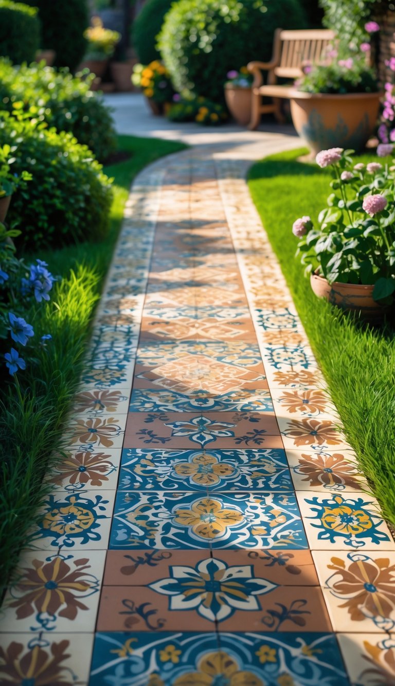 A garden path made of patterned tiles winding through green plants and colorful flowers with a wooden bench in the background.