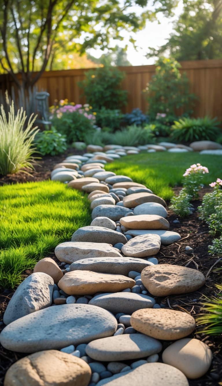 A natural river rock path winding through a green garden with grass, plants, and trees.