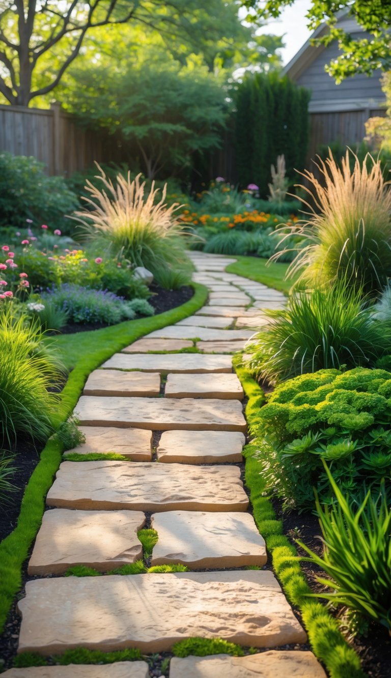 A simple sandstone path winding through a garden with colorful flowers and green plants on either side.