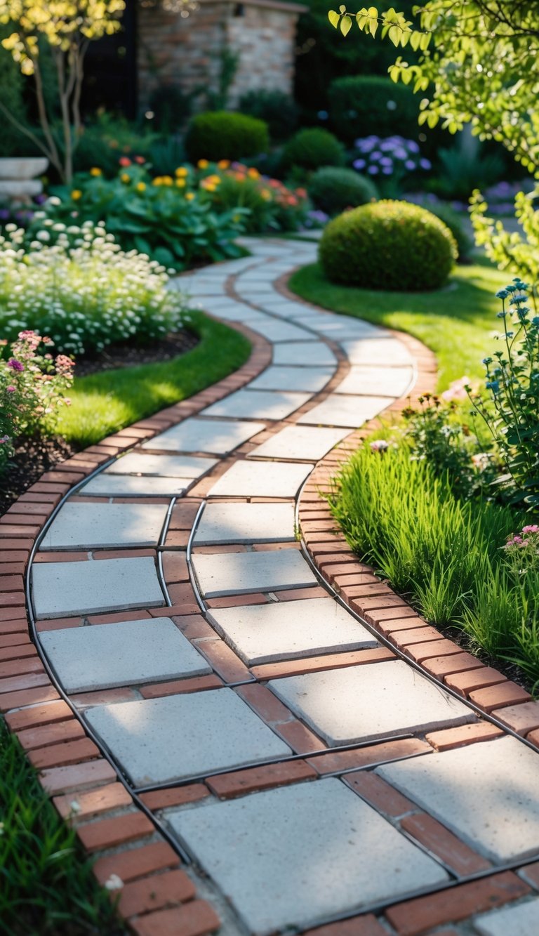 A garden path made of mixed brick and concrete pavers winding through green grass and colorful plants.