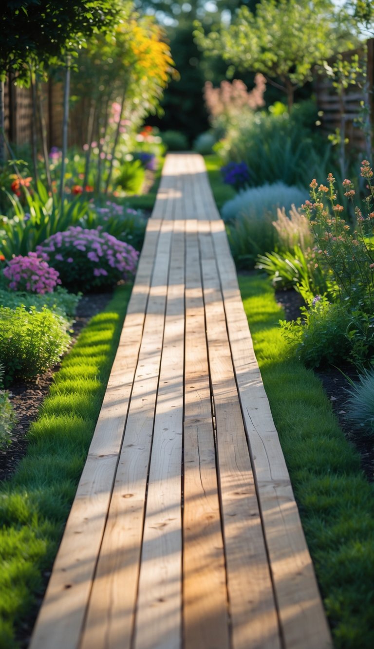 A raised wooden plank path winding through a green garden with colorful flowers and plants.