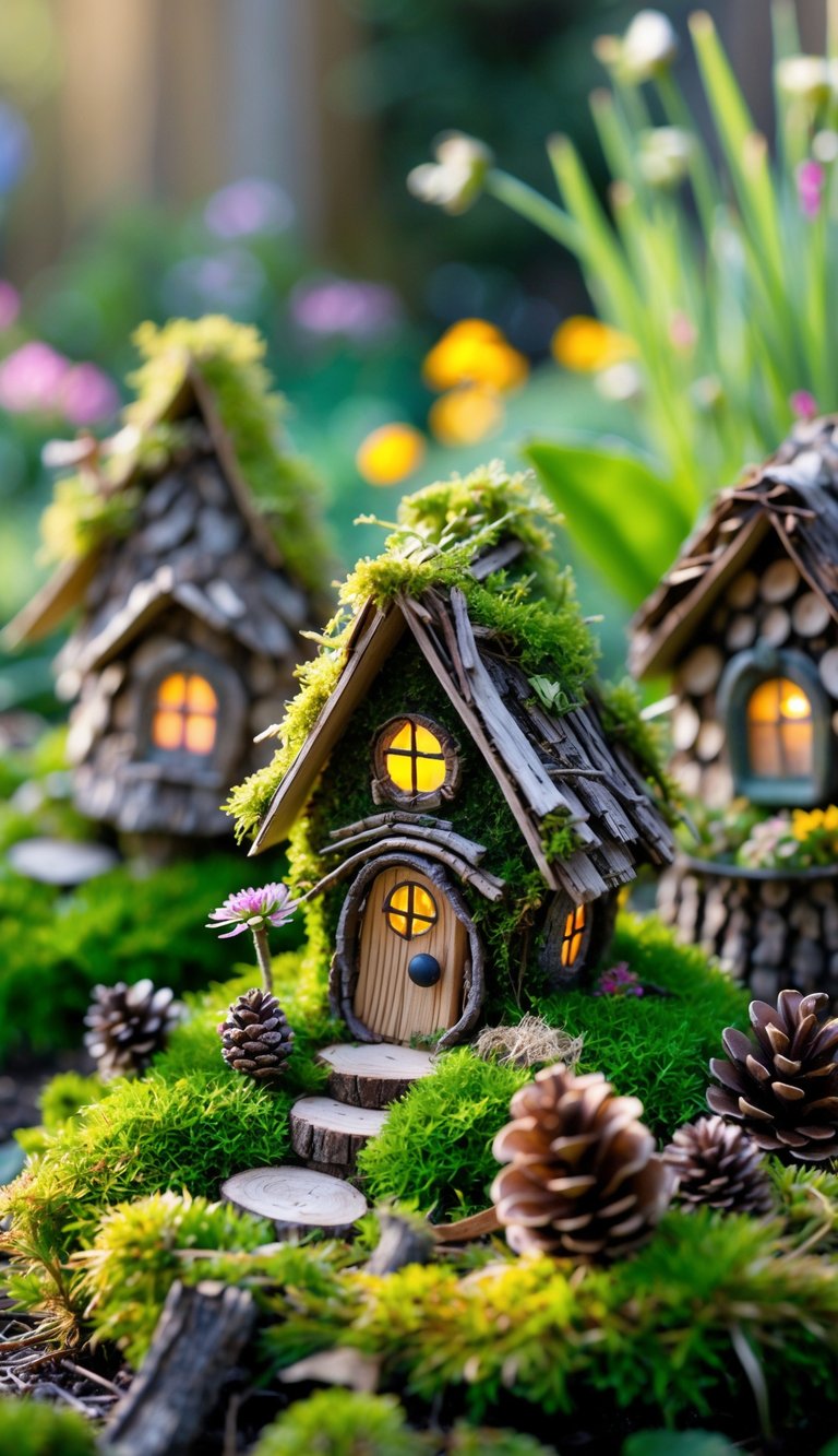 Miniature fairy houses made from twigs, moss, and pinecones arranged in a small garden setting surrounded by greenery.
