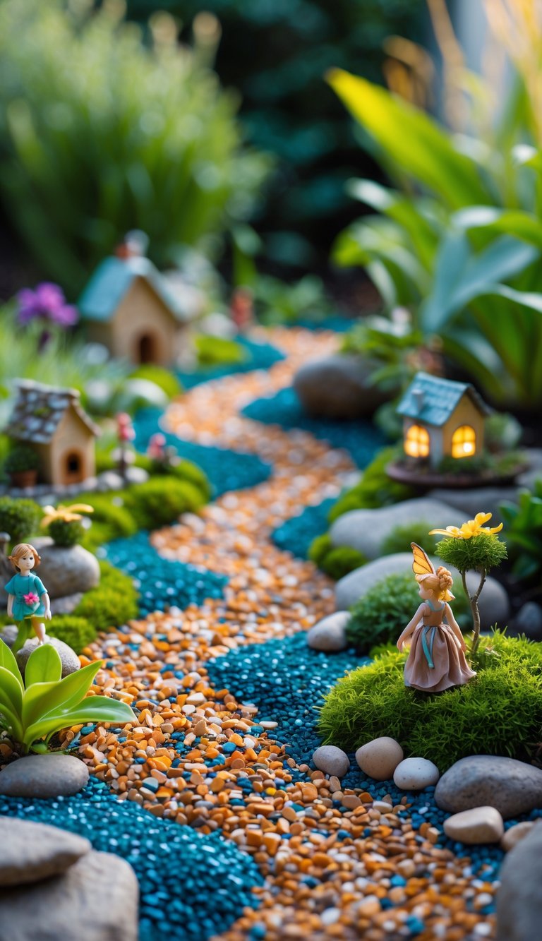 A miniature fairy garden with winding paths made of colorful aquarium gravel and pea gravel surrounded by tiny plants and fairy figurines.