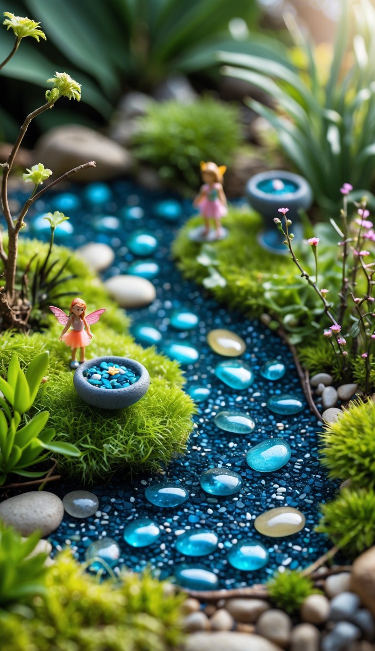 A miniature fairy garden with small blue glass stone ponds surrounded by moss, tiny plants, and fairy figurines.