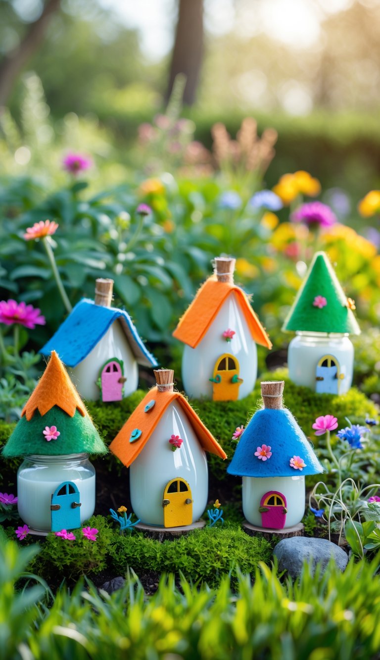 A group of small fairy houses made from recycled yogurt jars with felt roofs, placed on a green garden bed surrounded by flowers and plants.
