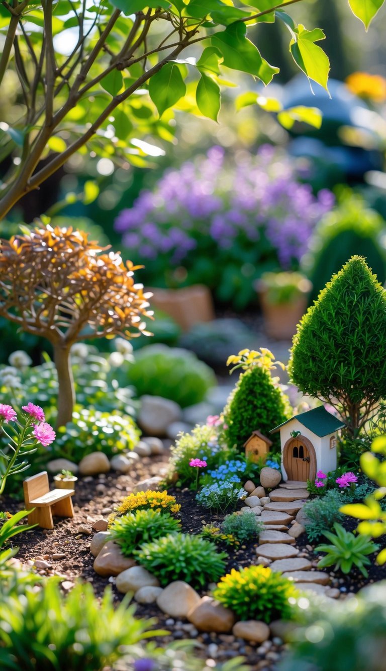 A small garden with dwarf trees, colorful flowering alpine plants, and miniature fairy garden decorations including tiny houses and pathways.