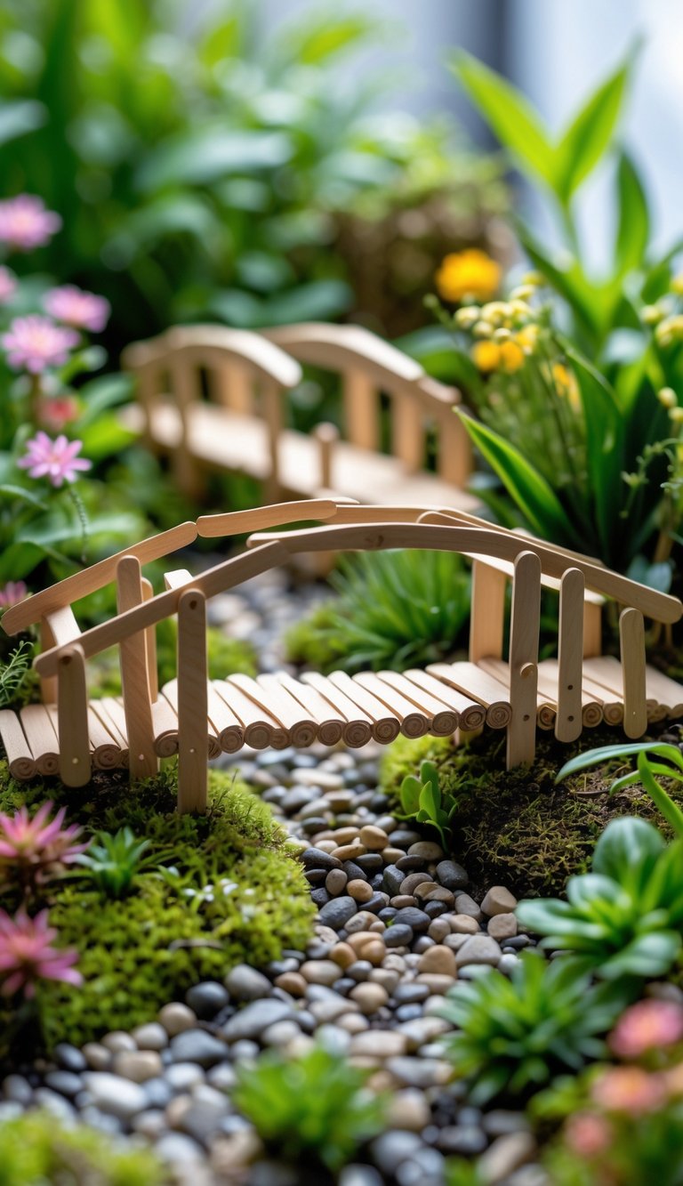A miniature fairy garden with small popsicle stick bridges surrounded by plants, flowers, moss, and tiny pathways.