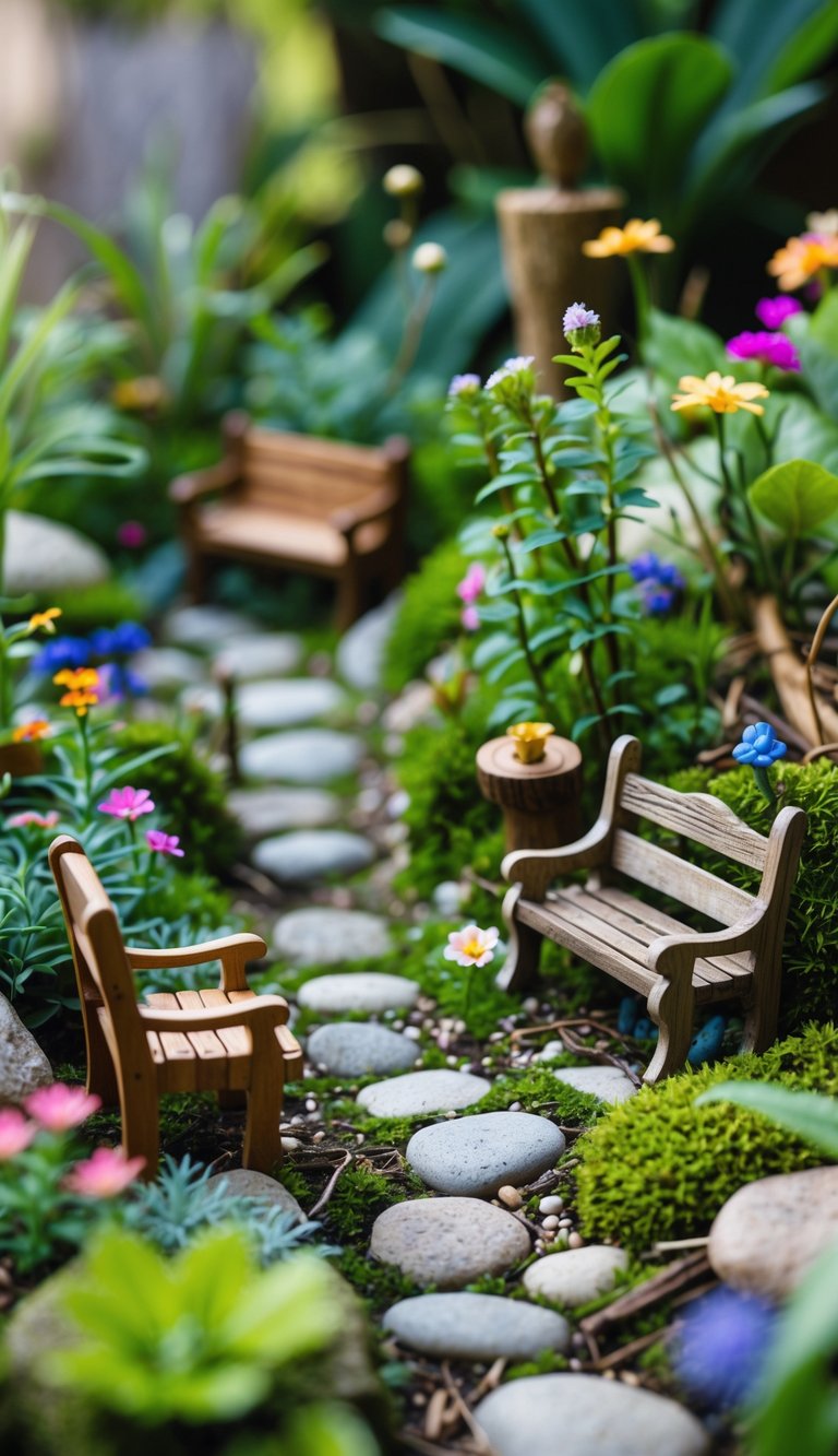 A miniature fairy garden with tiny benches and small furniture surrounded by plants and flowers.