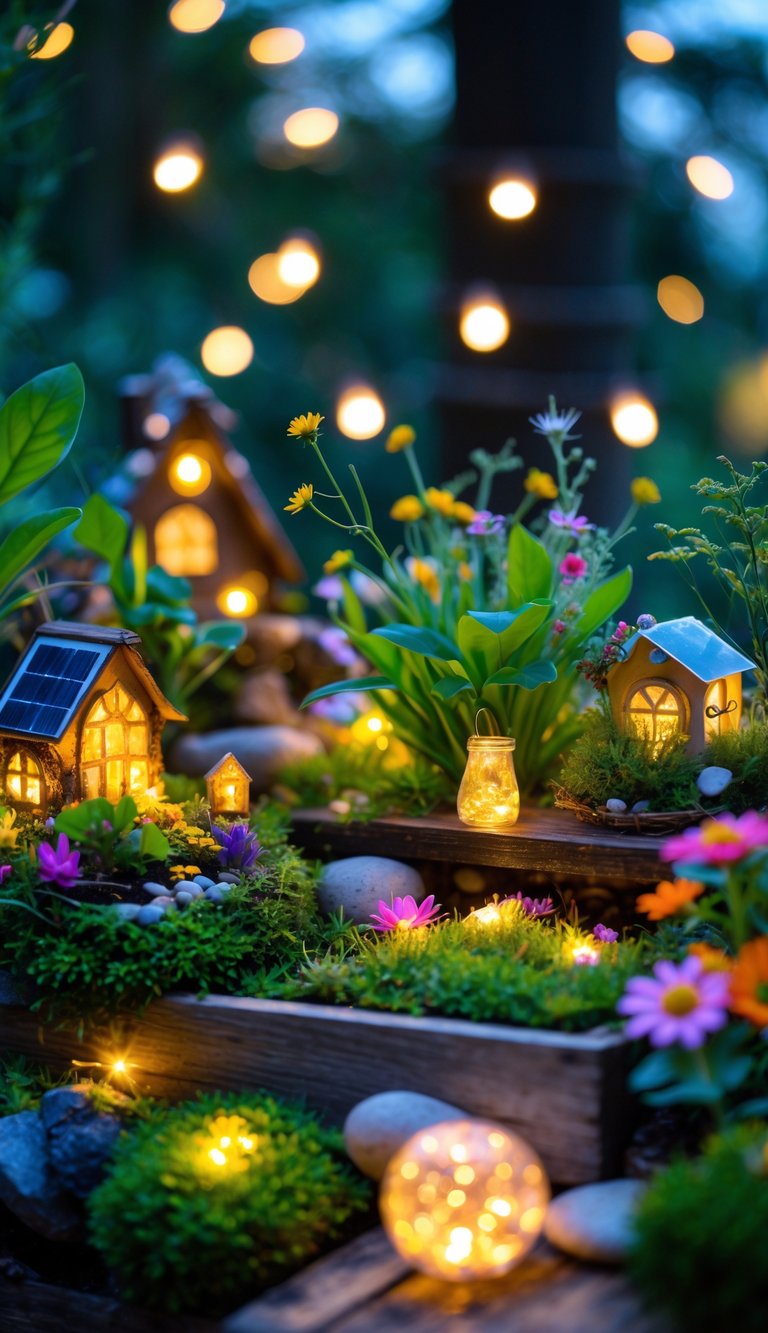 A small fairy garden with miniature plants, tiny decorative houses, and glowing solar-powered fairy lights in the evening.