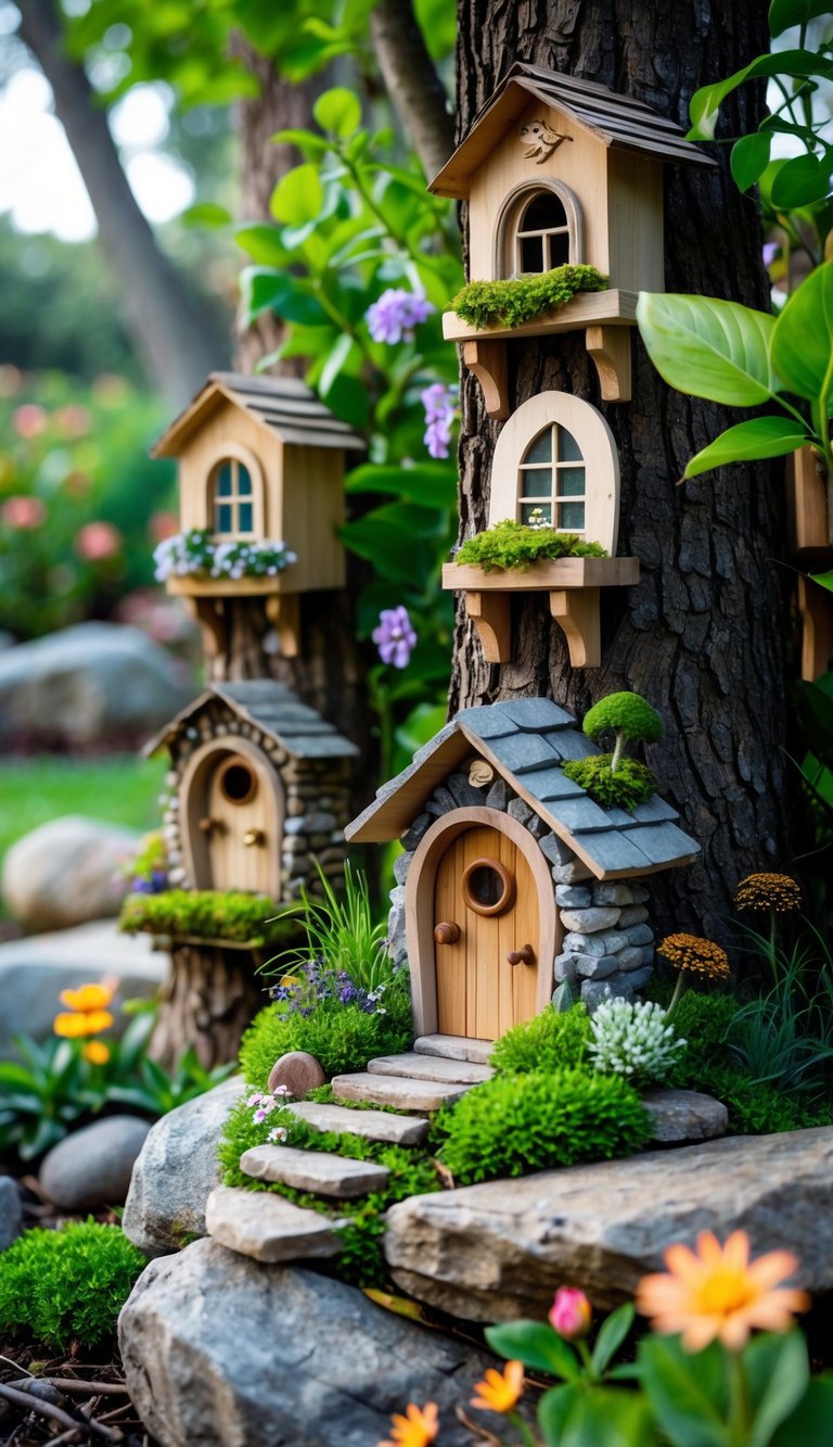 Small decorative fairy doors attached to tree trunks and rocks surrounded by green plants and flowers in a garden.