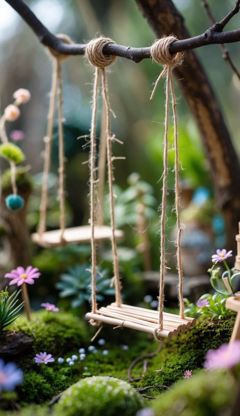 Close-up of small fairy swings made from twine and sticks hanging in a miniature garden with plants and flowers.