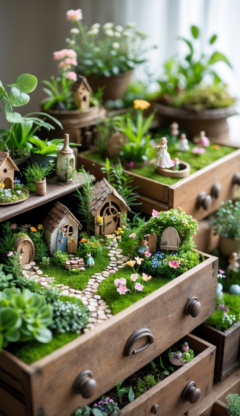 Miniature fairy garden scenes arranged inside old wooden drawers and vintage containers with tiny houses, plants, flowers, and fairy figurines.