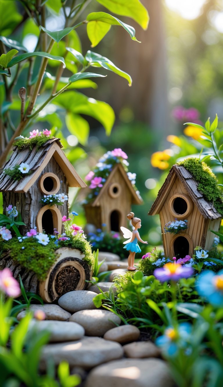 A miniature fairy garden with tiny birdhouses among plants and flowers, featuring small fairy figurines and natural sunlight.
