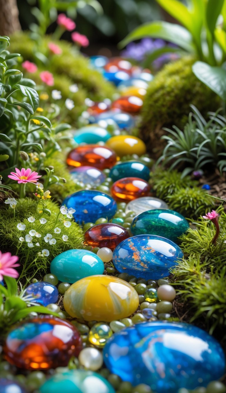 A garden path made of colorful marbles and beads surrounded by small plants and flowers.