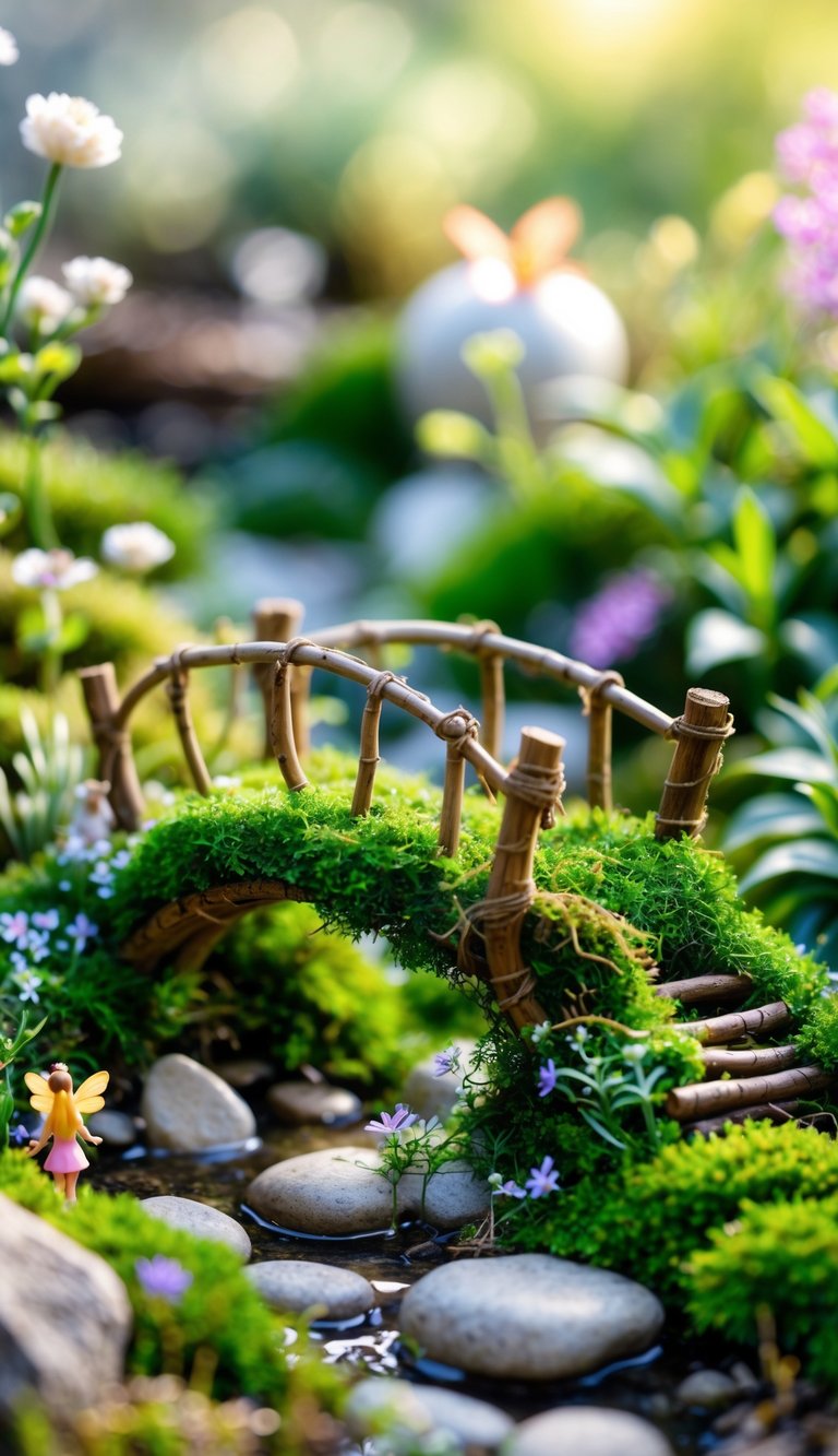 A miniature bridge made of twigs wrapped in moss set in a small fairy garden with tiny plants and flowers.
