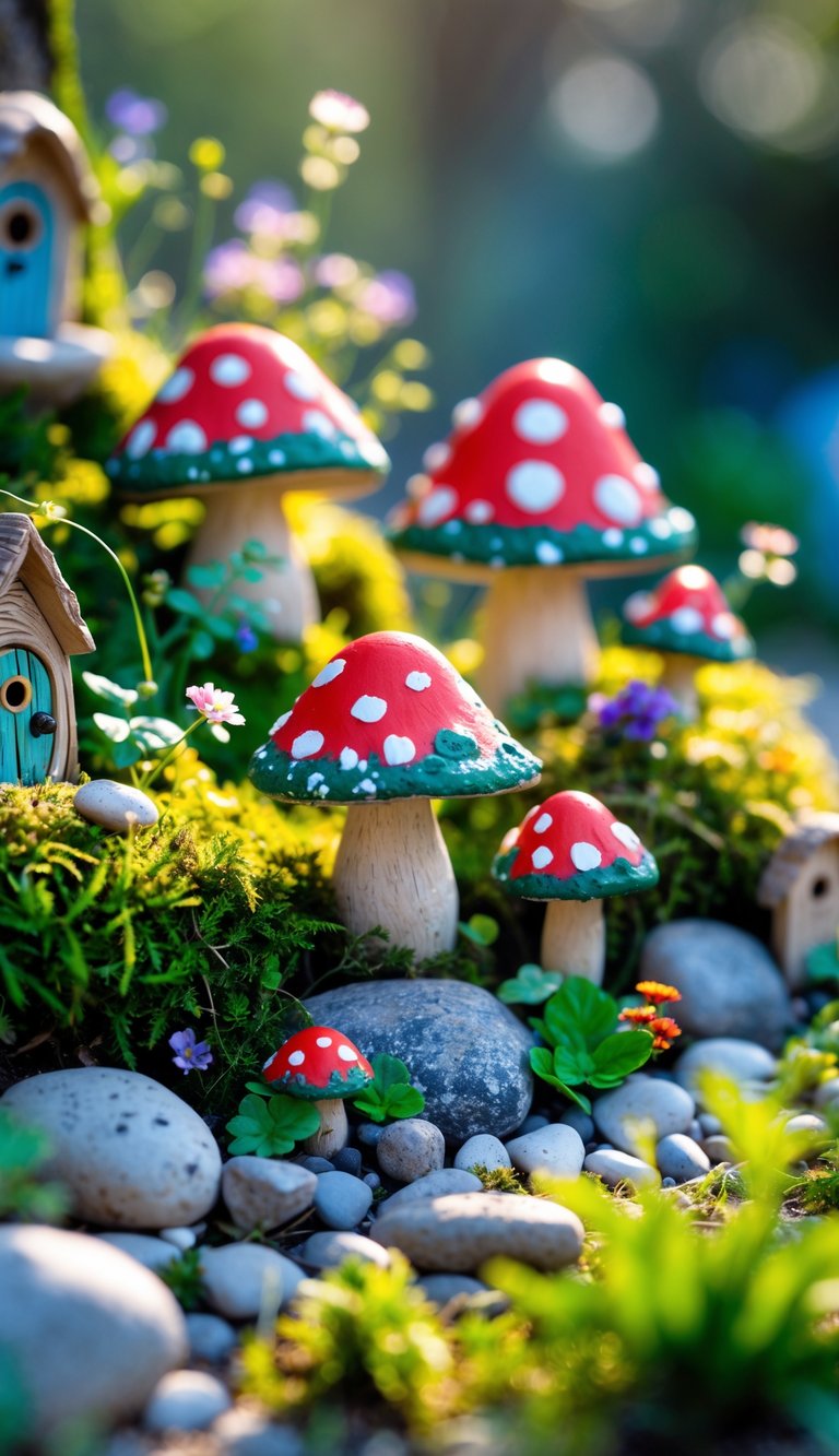 A small fairy garden with colorful toadstools made from painted rocks and clay surrounded by moss and miniature plants.