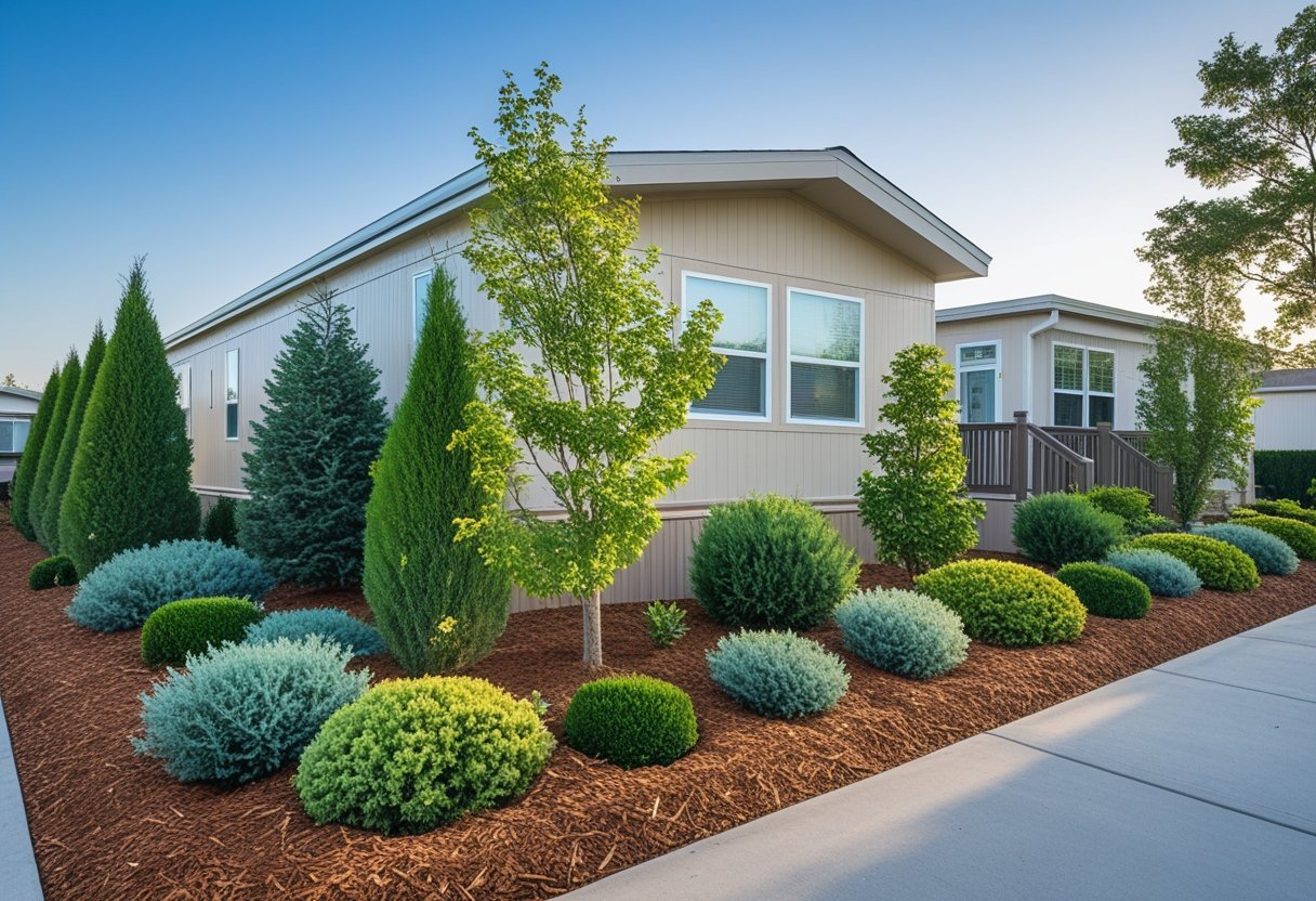 A mobile home surrounded by a mulched garden with various native shrubs and plants.