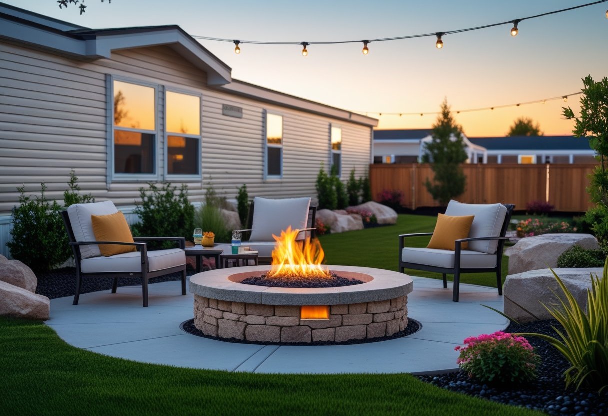 A mobile home backyard with a built-in stone fire pit surrounded by outdoor seating, green grass, flower beds, and shrubs during early evening.