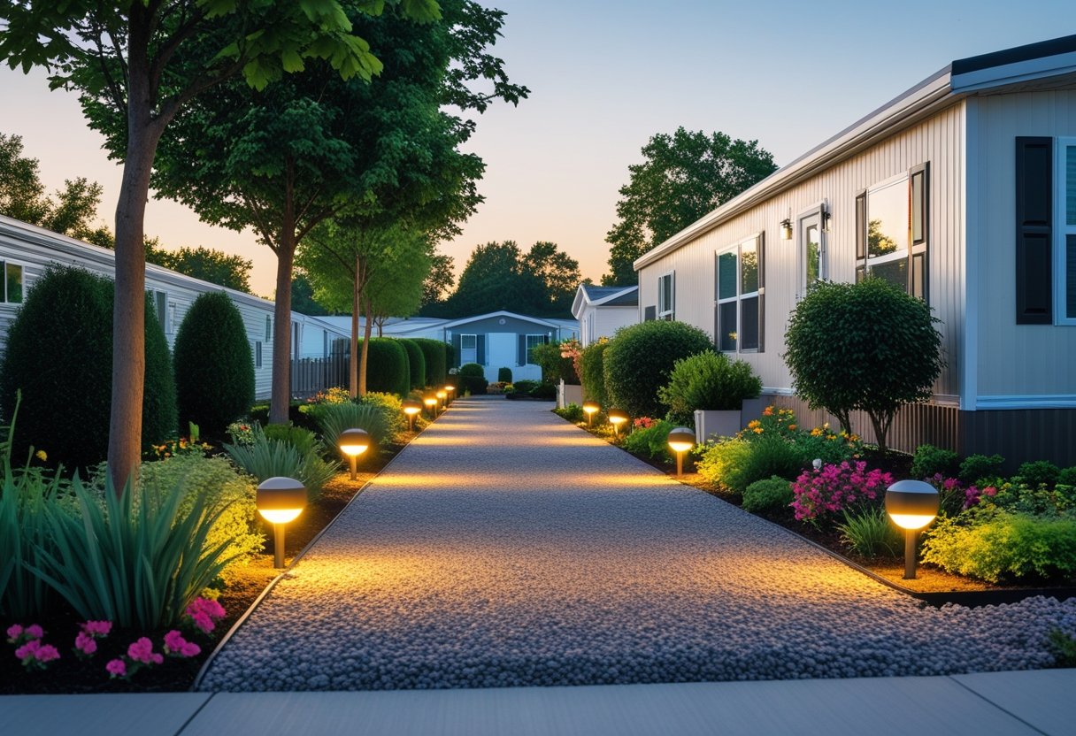 A mobile home surrounded by decorative gravel walkways with solar lights and various plants and flowers.