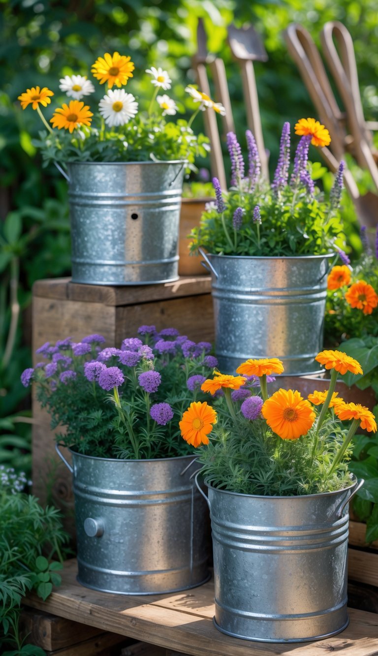 Several galvanized metal buckets filled with colorful flowers arranged outdoors in a garden setting.