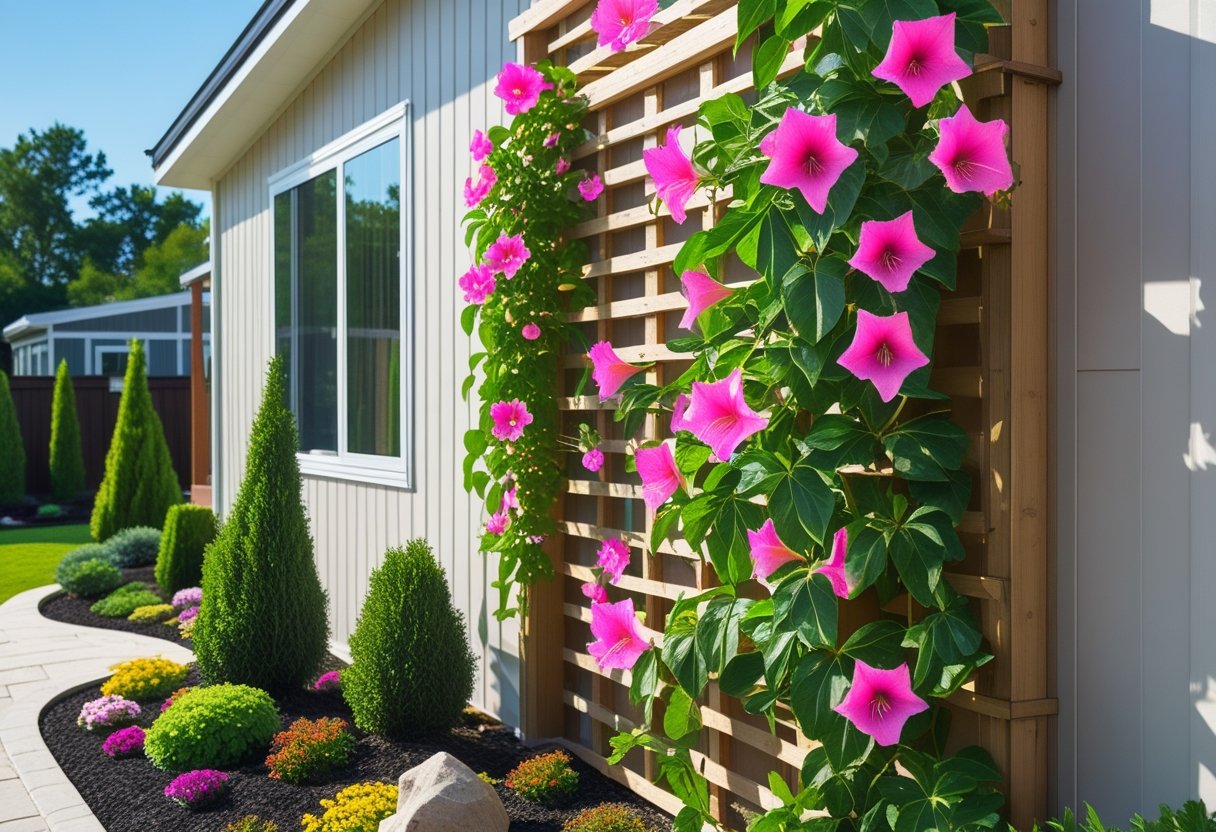 Mandeville plant with pink flowers climbing wooden lattice panels next to a mobile home surrounded by garden plants.