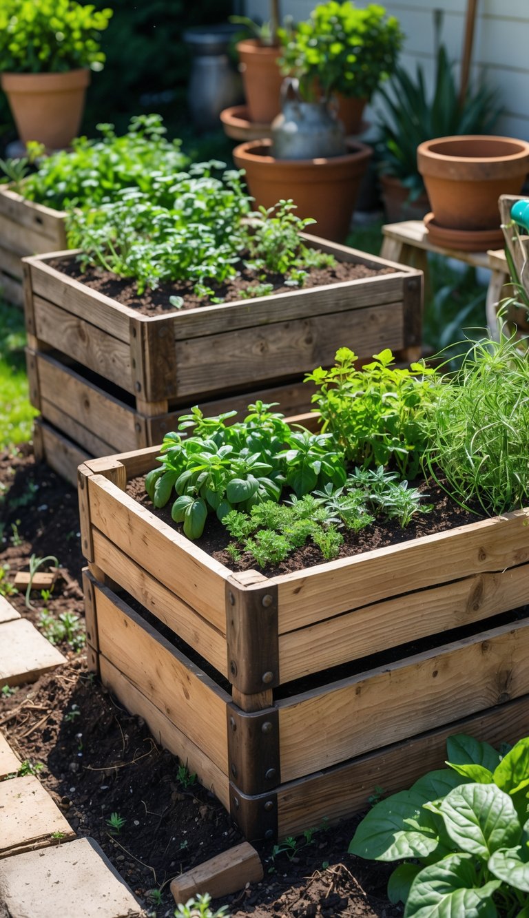 Raised garden beds made from repurposed vintage wooden crates filled with plants in a sunny backyard garden.