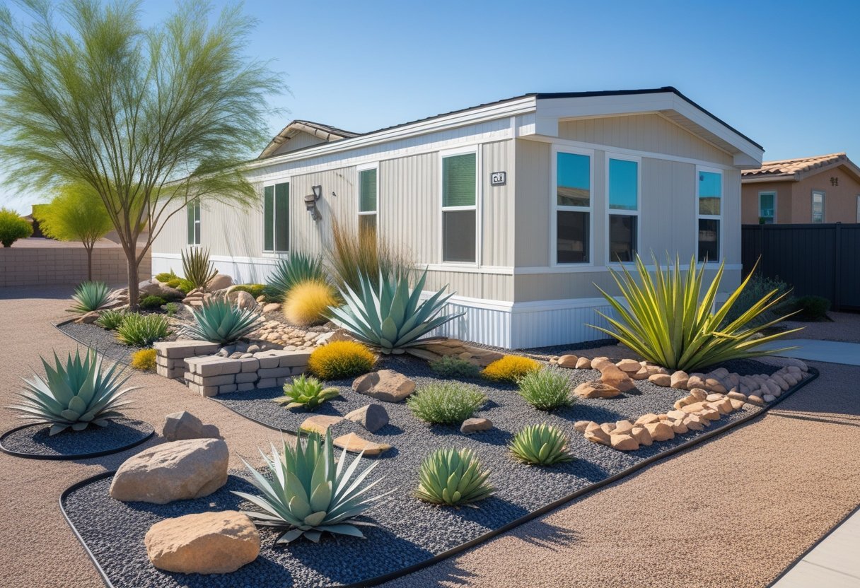 A mobile home surrounded by drought-resistant plants, rocks, and gravel landscaping with various garden features and clear blue sky.