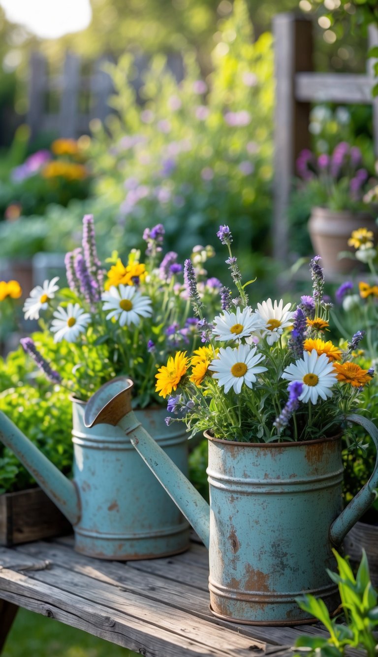 Old metal watering cans used as vases filled with colorful flowers on a wooden table in a garden.