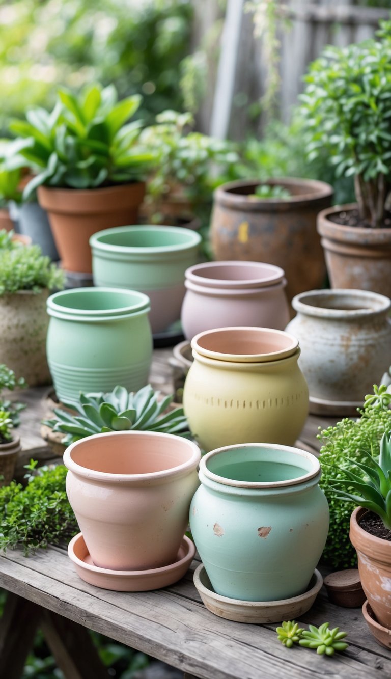 A group of pastel-colored ceramic pots arranged on a wooden table outdoors with plants and gardening items around them.